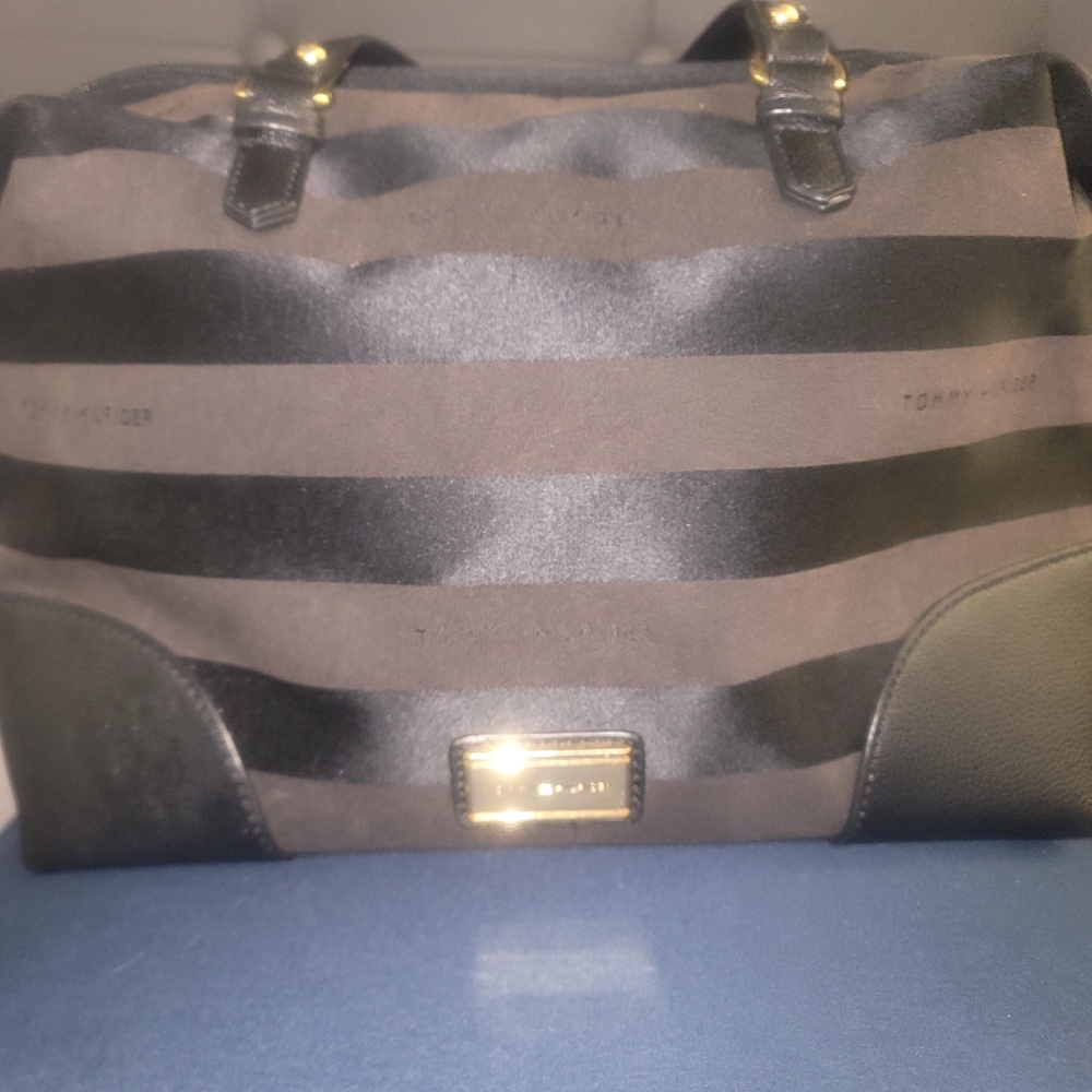 Tommy Hilfiger black shiny canvas leather stripe tote
